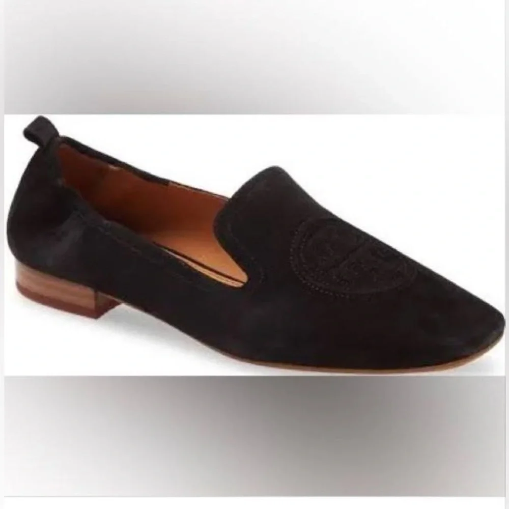 Tory Burch Leigh Elastic Black Suede Loafers size 7.5 runs like 7 w.Imperfection